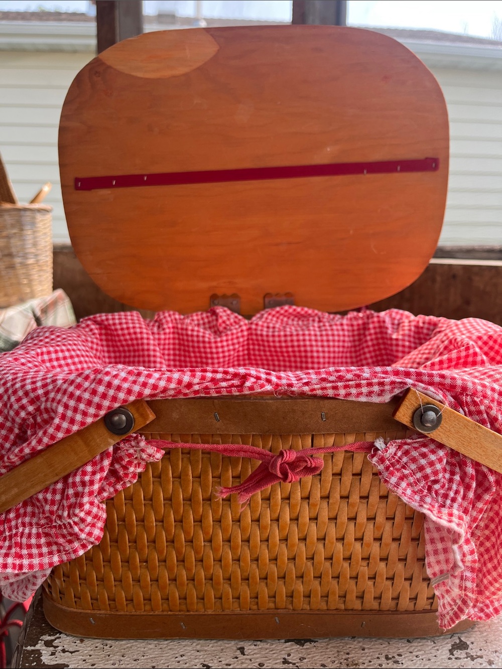Vintage Red Man Woven Picnic Basket with Red Gingham Liner
